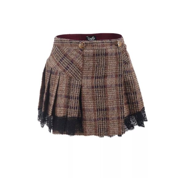 Dolce Gabbana NWT Wool Pleated Plaid Mini Wrap Lace Skirt, sz 46 - Picture 1 of 10
